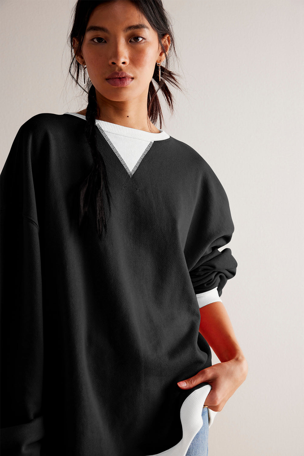 Black Contrast Ribbed Color Block Patchwork Baggy Sweatshirt