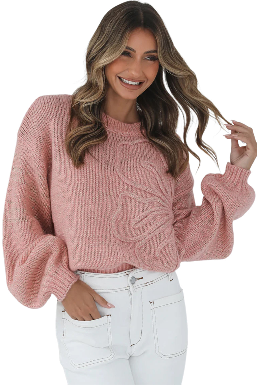 Peach Blossom Solid Color Big Flower Drop Shoulder Sweater