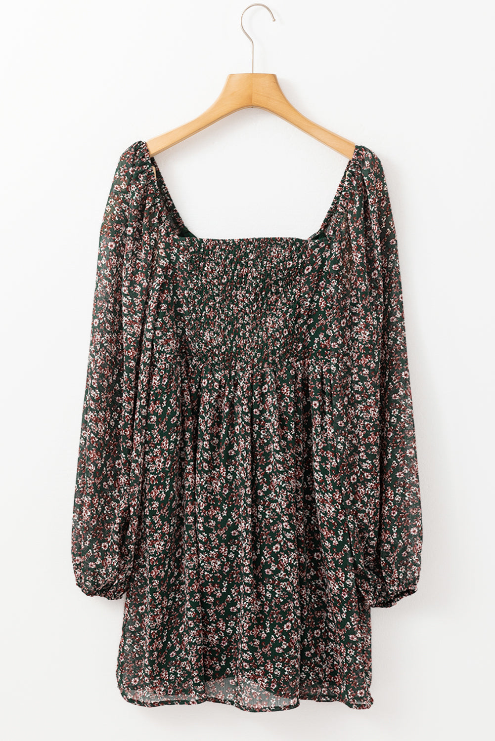 Green Ditsy Floral Print Sweetheart Neck Smocked Back Mini Dress