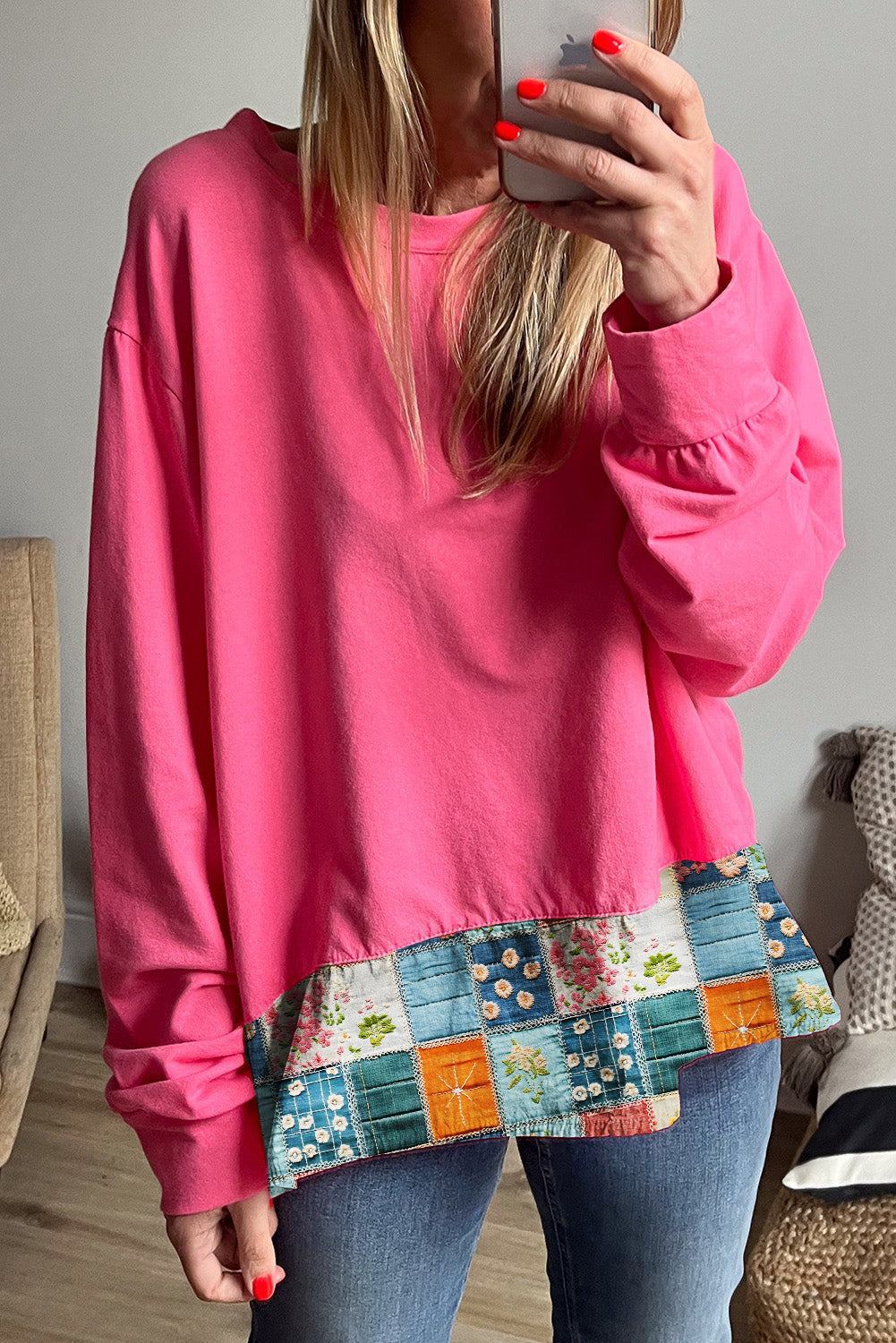 Strawberry Pink Floral Hemline Patchwork Round Neck Casual Top