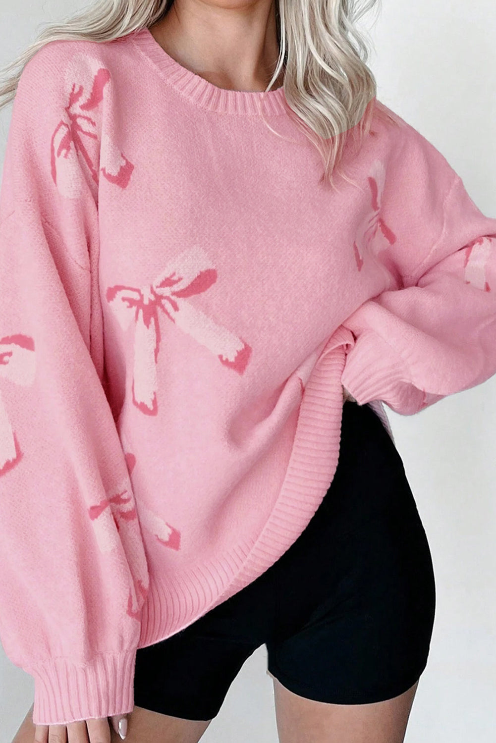 Pink Bow Jacquard Pullover Knitted Sweater