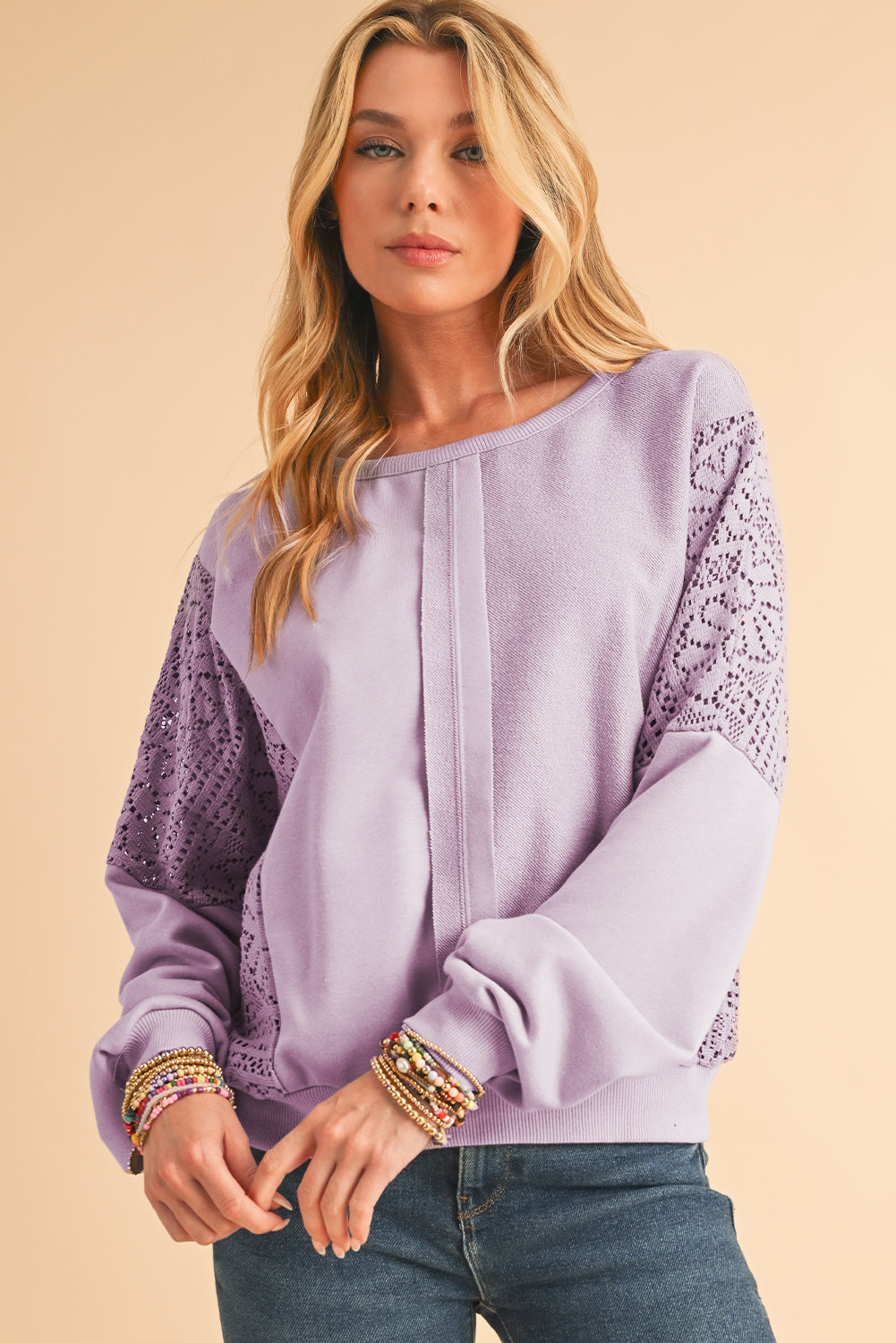 Orchid Petal Crochet Patchwork Exposed Seam Ribbed Trim Sweatshirt