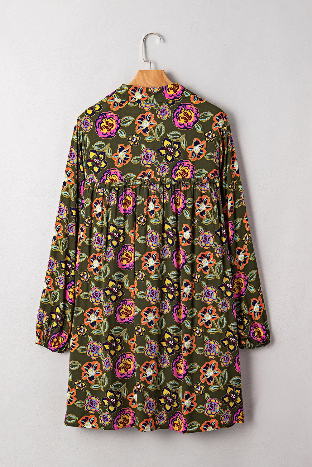 Green Floral Print Split Neck Bubble Sleeve Mini Dress