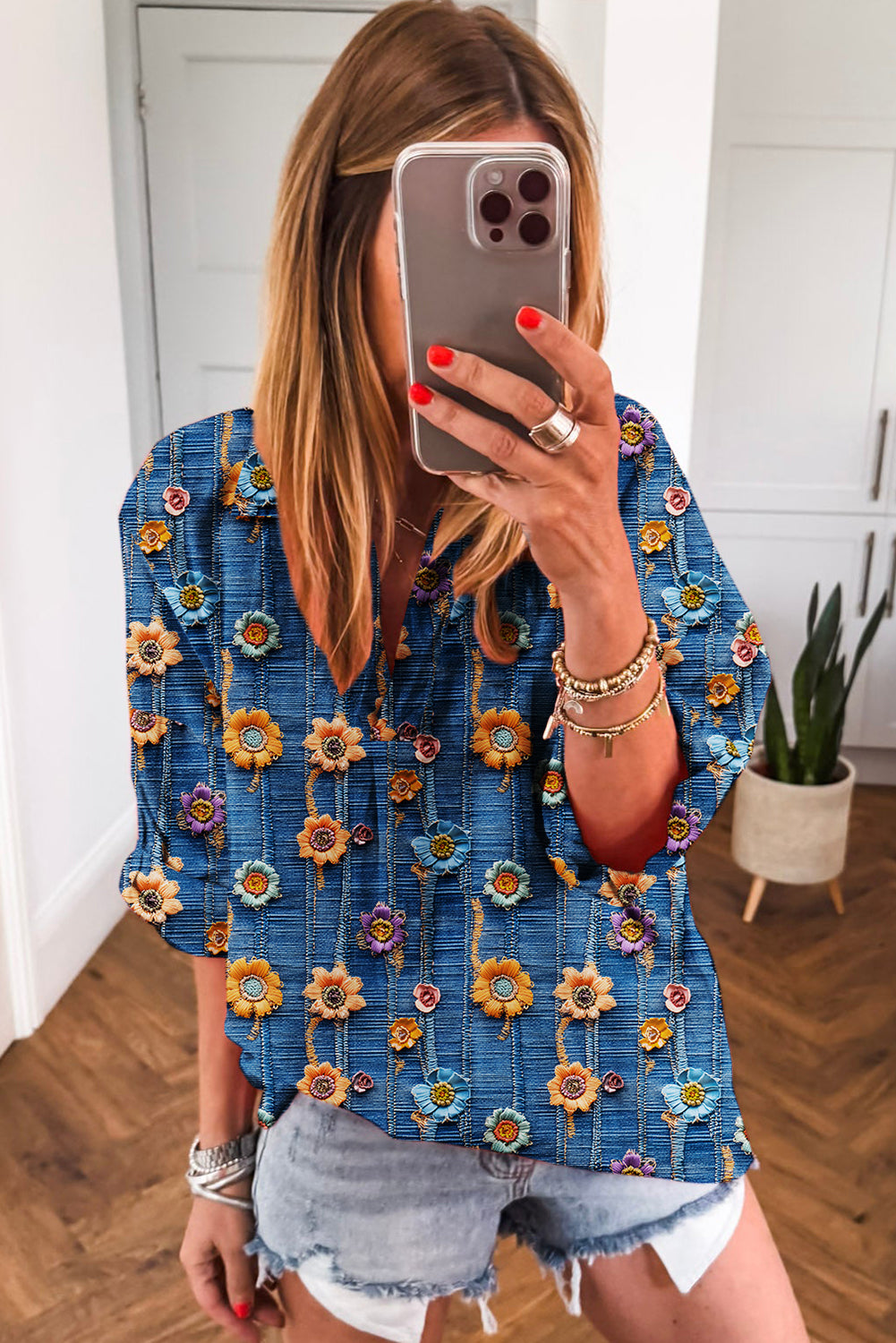 Blue Floral Patchwork Collared V Neck Blouse