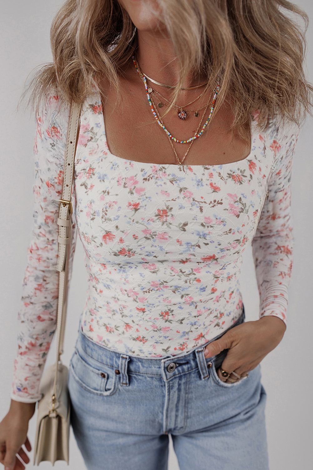 White Floral Print Slim Fit Square Neck Long Sleeve Top