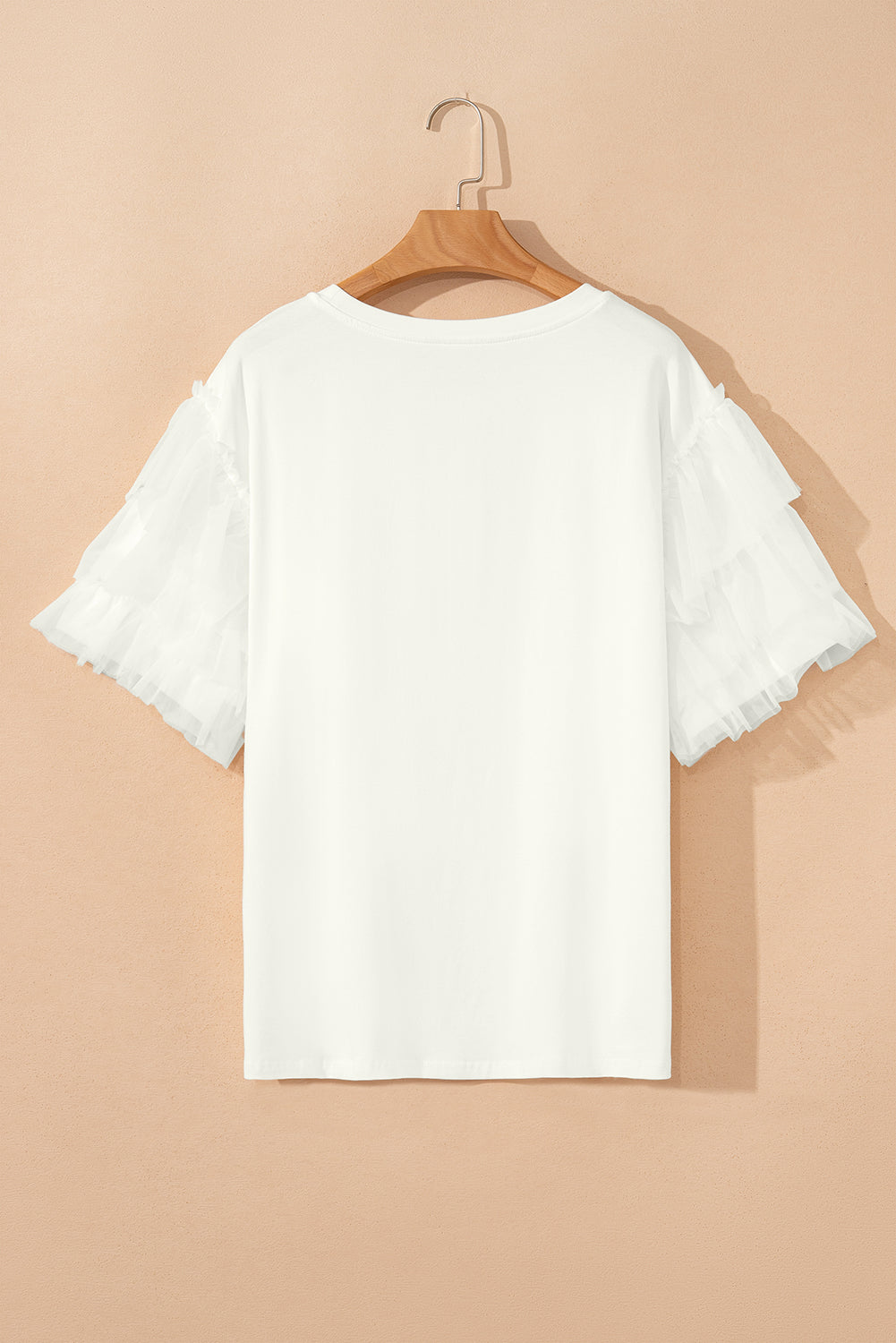 White Plain Tulle Round Neck Ruffle Sleeve Blouse