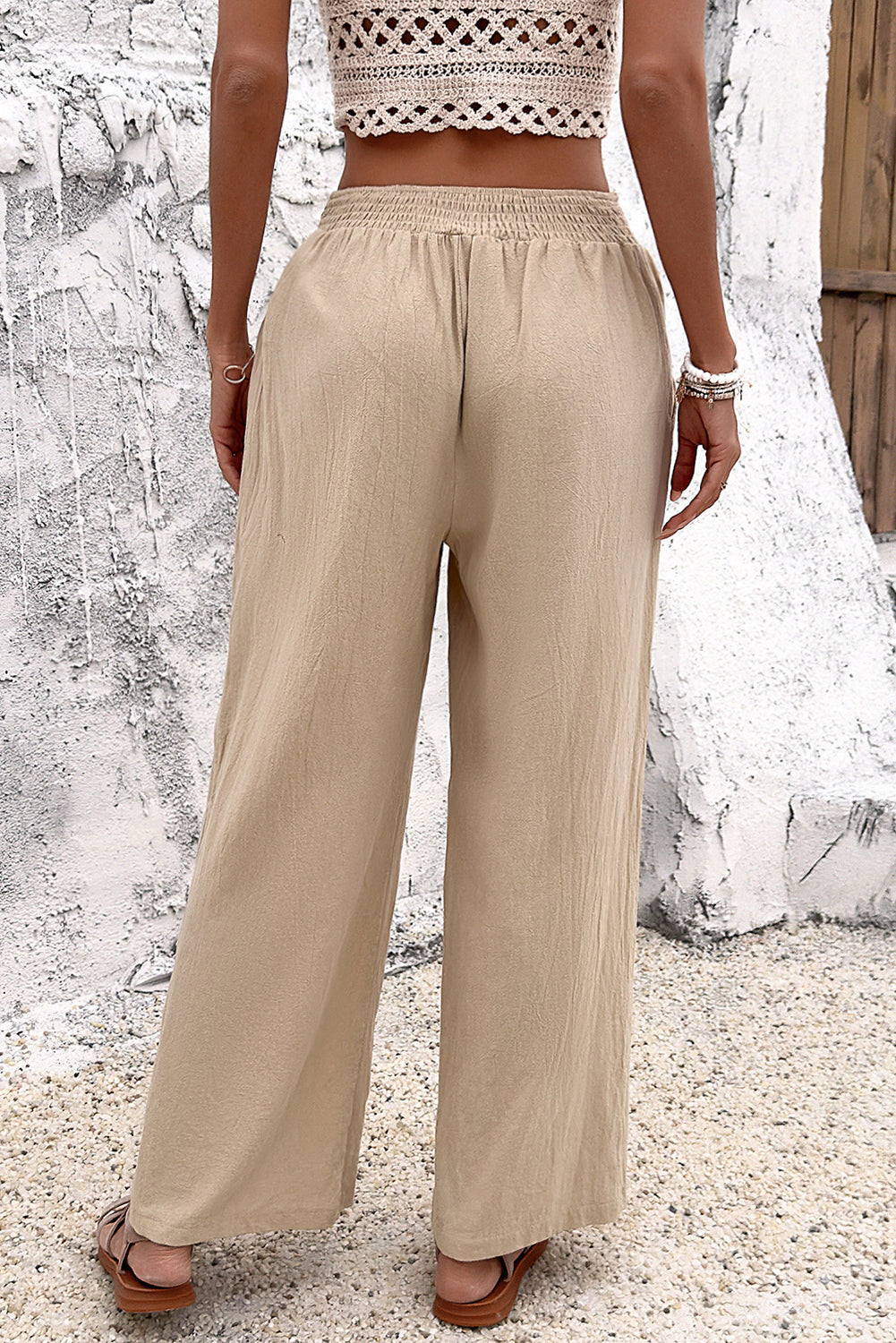 Parchment Solid Color Button High Waist Wide Leg Pants