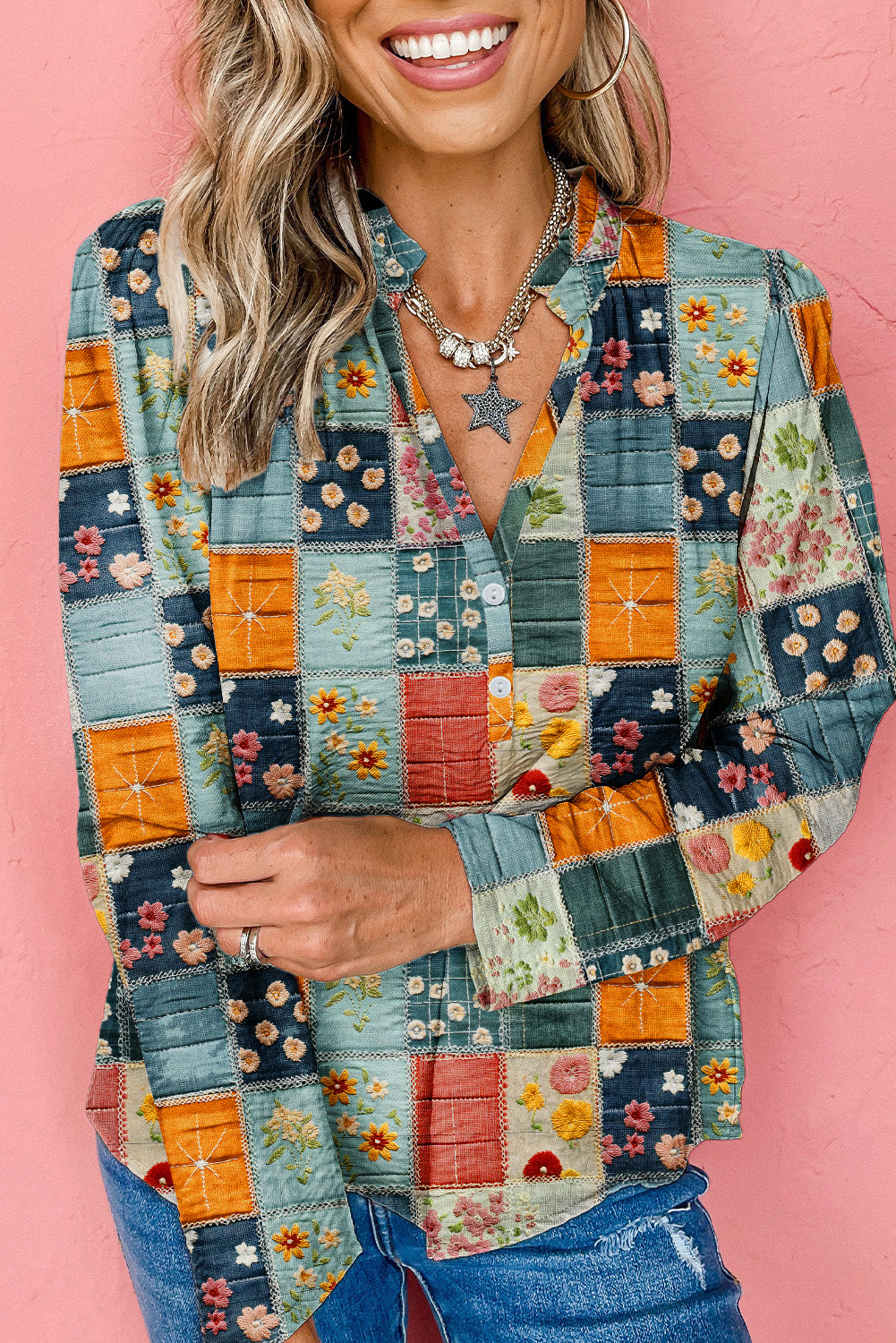Sky Blue Checkered Floral Patchwork V Neck Blouse