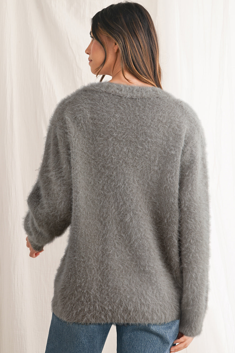 Philippine Gray Fluffy V-neck Button Sweater Cardigan