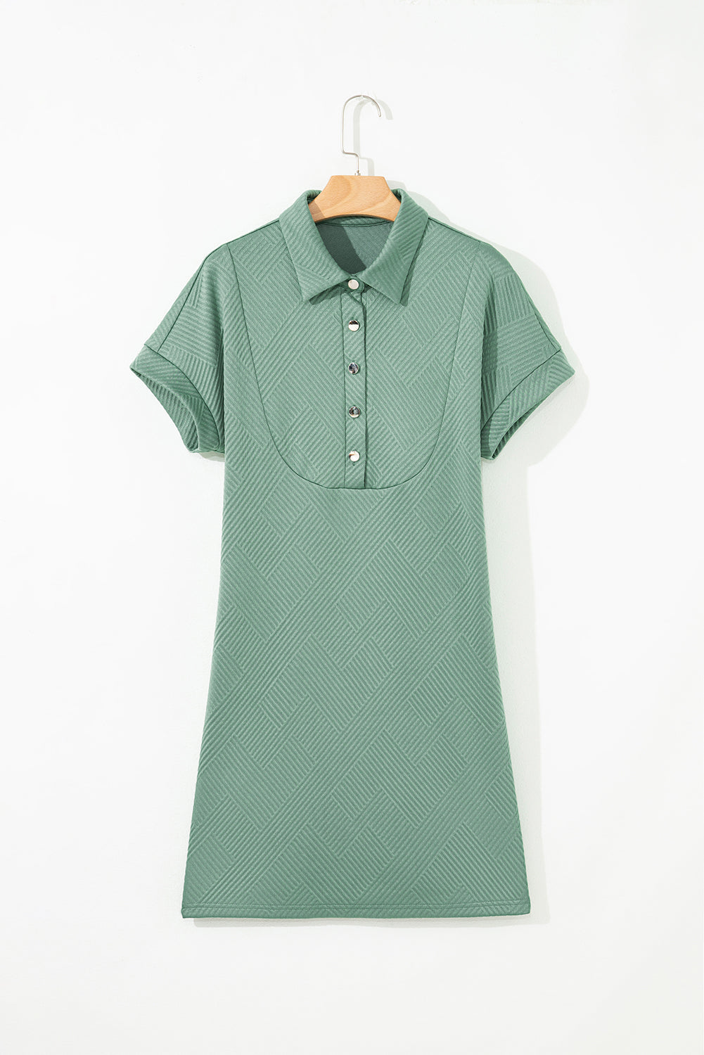 Bright Green Textured V Button Collared Mini Dress