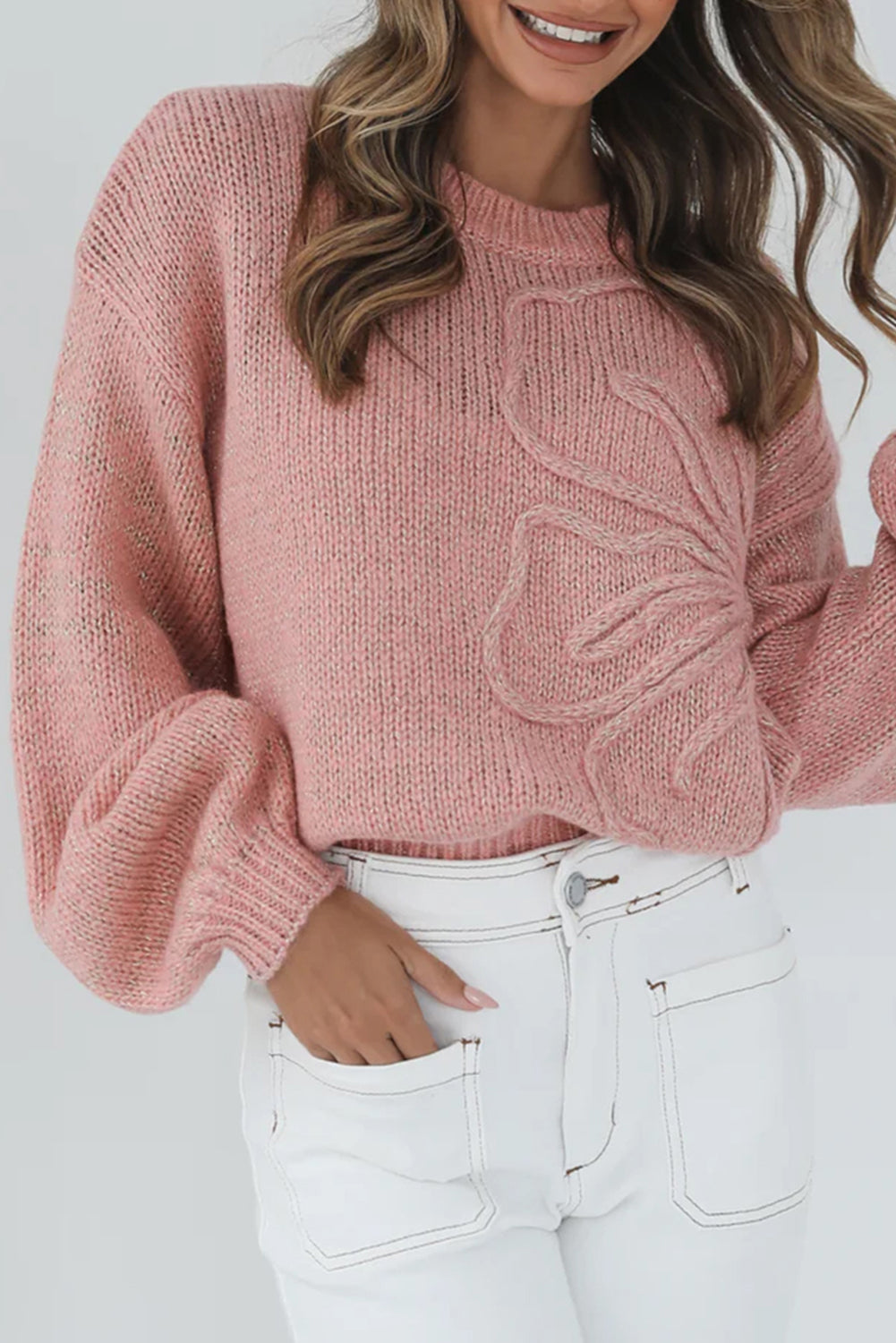 Peach Blossom Solid Color Big Flower Drop Shoulder Sweater