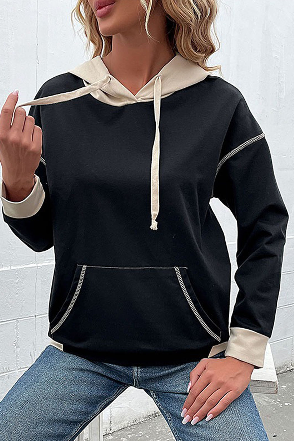 Black Contrast Trim Kangaroo Pocket Hoodie