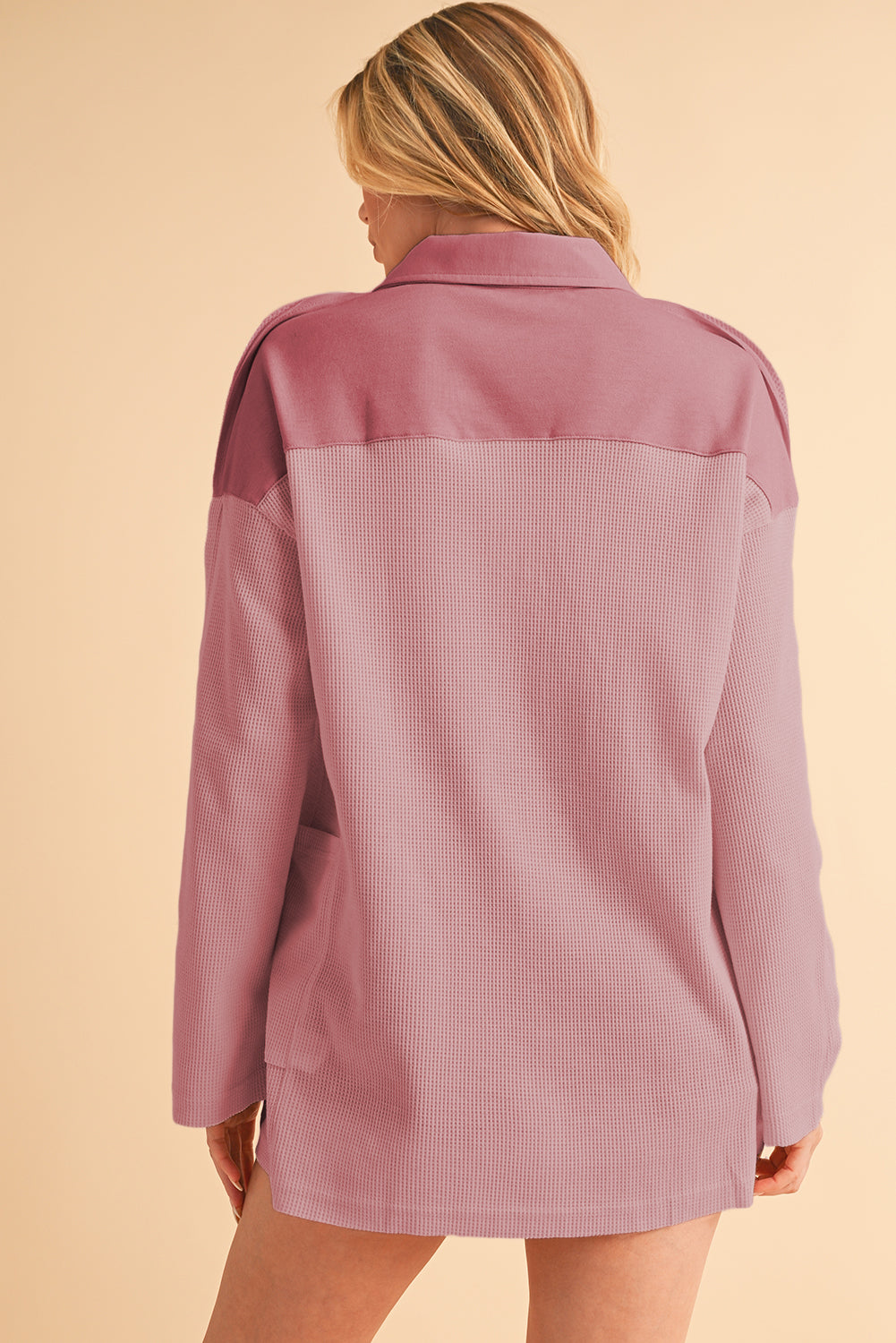 Pink Waffle Patchwork Drop Sleeve Henley Top